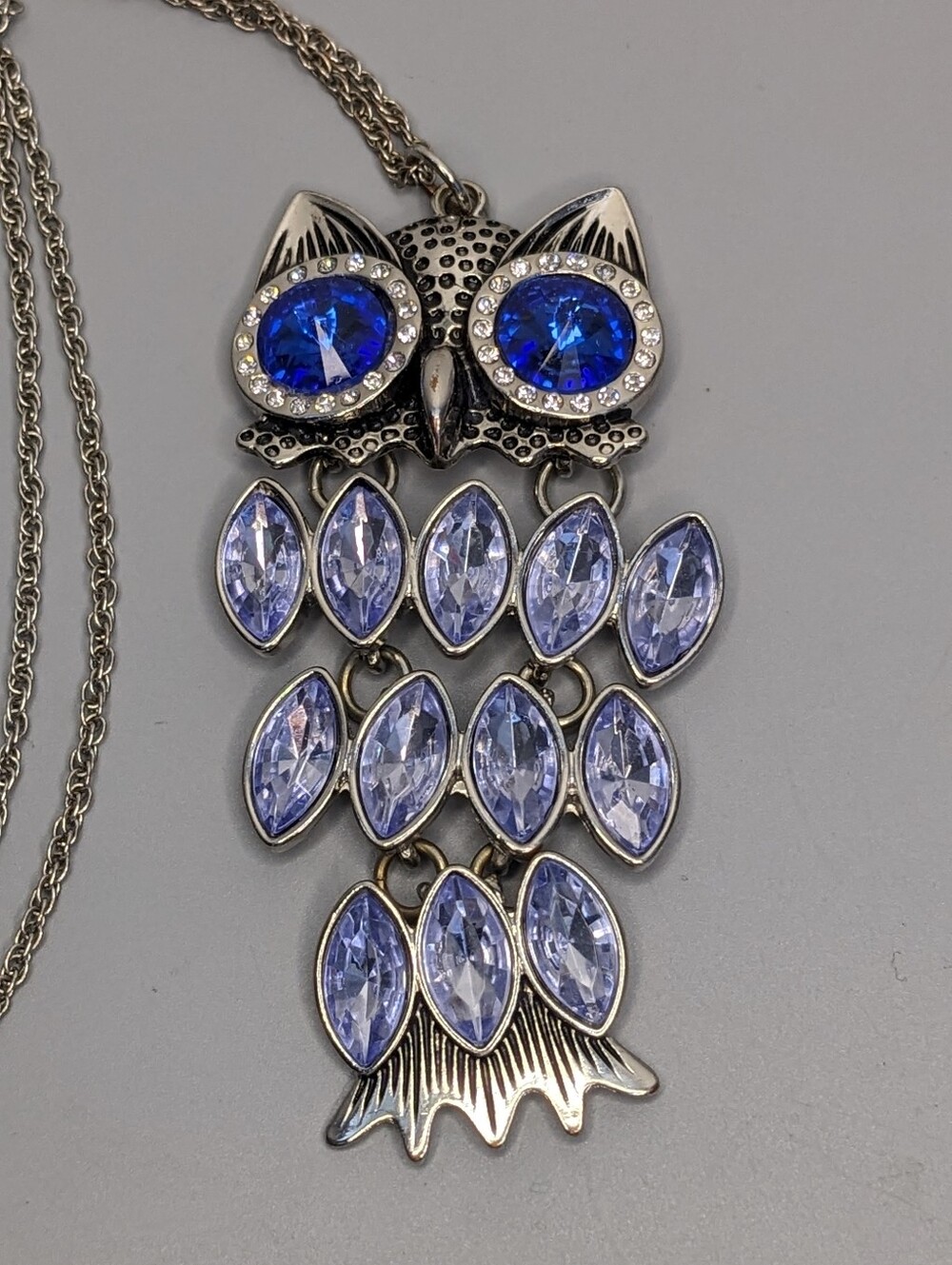 Silver Tone Owl Pendant Necklace Blue Crystal Eyes Long Chain Vintage Spiritual
